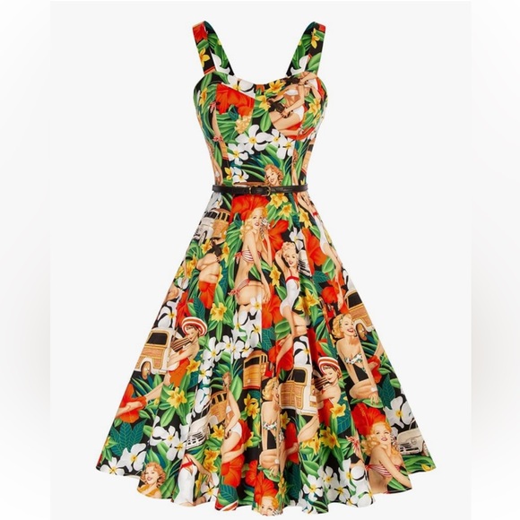 Belle Poque Womens Med Sleeveless Hawaiian Pin Up Girl A-Line Swing Midi Dress - Picture 2 of 15